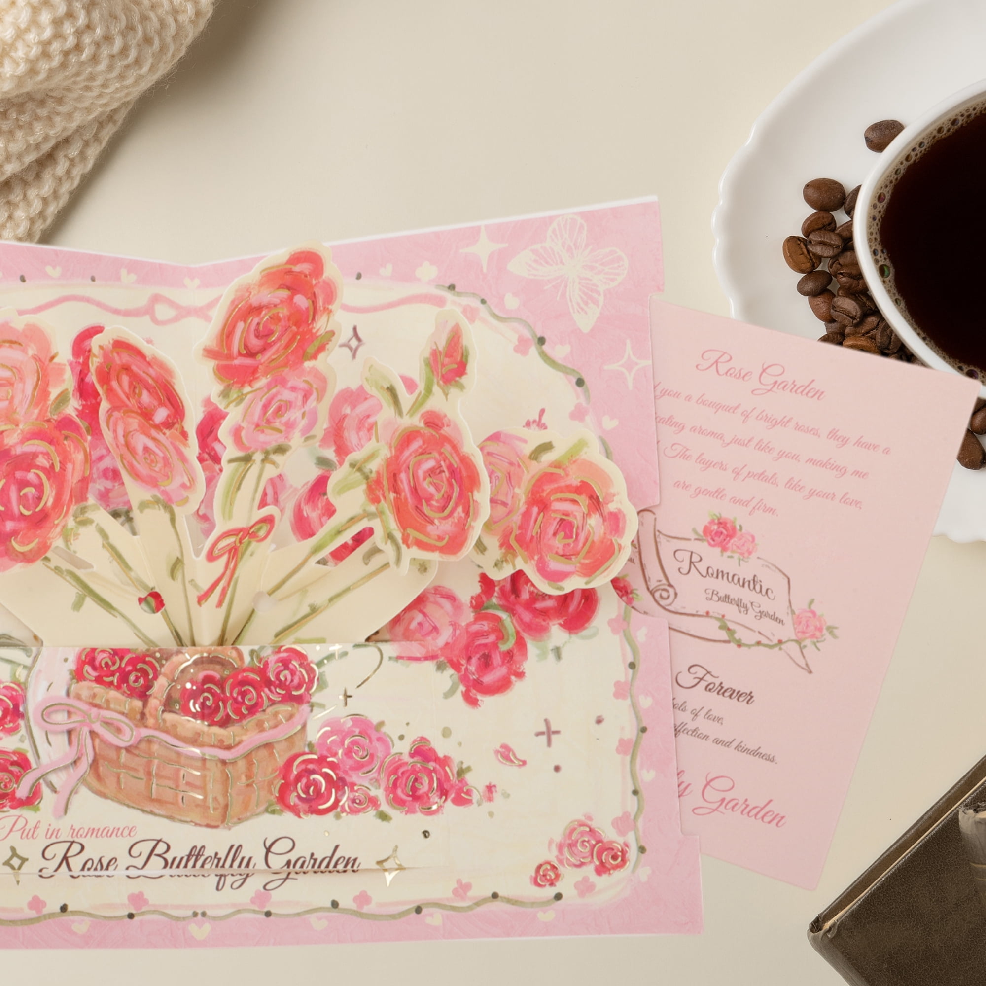 Unique Bargains Floral Pops Up Card 3D Greeting Cards with Envelope Pink Butterfly Rose