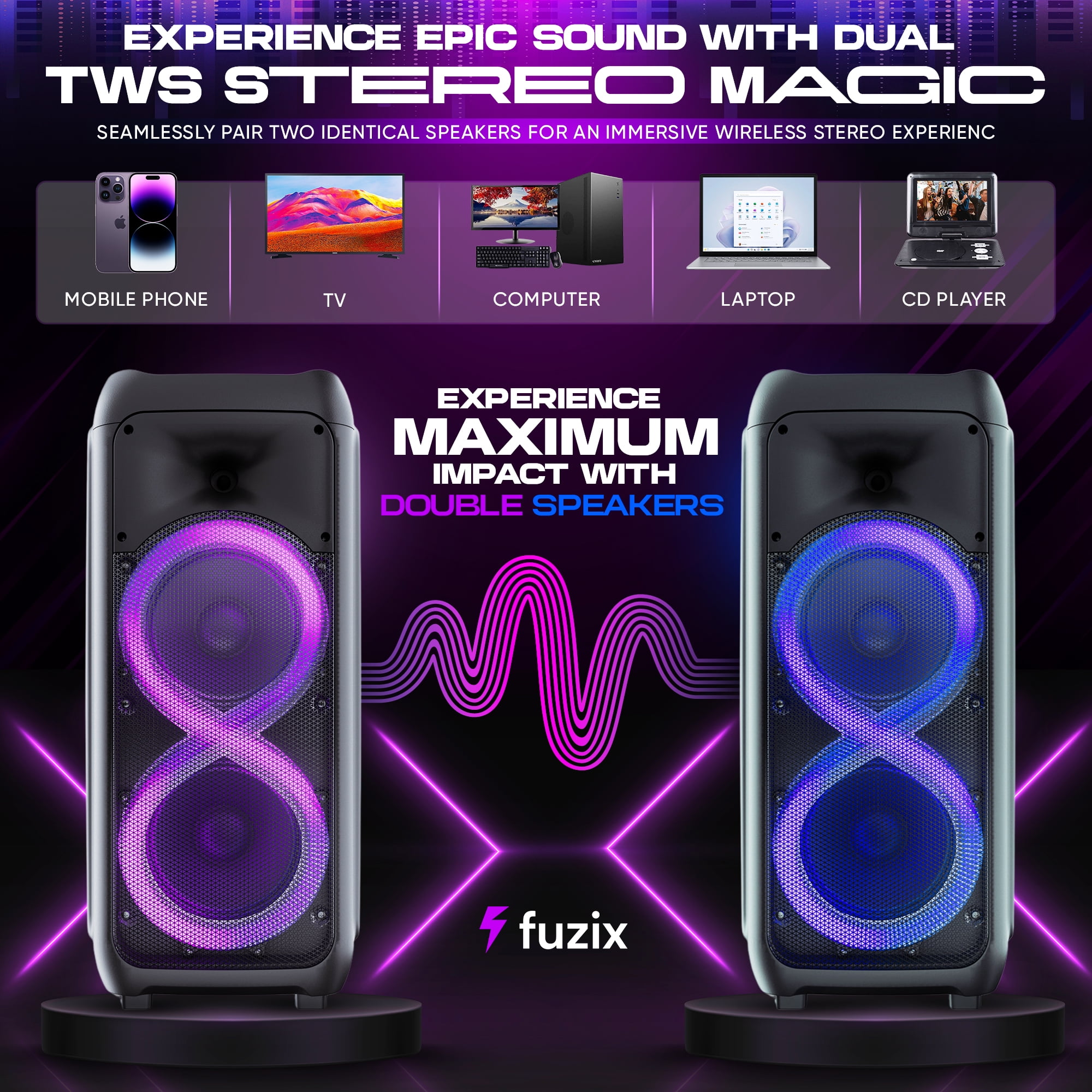 Sync Portable Rechargeable Karaoke Bluetooth Wireless Audio Speaker by Fuzix - With Built-in FM Radio, SD Input, USB Port, LED Lights, Mic and Remote Control Card