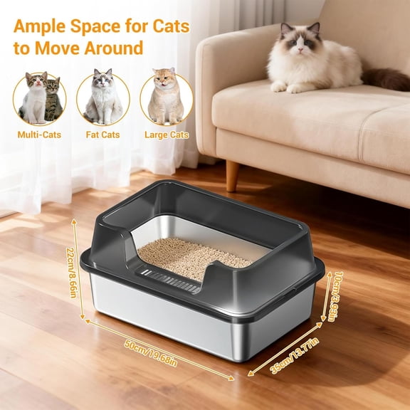 Studyset Stainless Steel Cat Litter Box, High Sided, Non-Stick, Odor Resistant Metal Litter Pan for Multiple Cats, Anti-Urine Leakage, Easy to Clean, Non-Slip Base