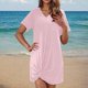 thumbnail image 4 of Traje de baño de bikini informal de color liso con escote en V y manga corta con trenzado lateral para mujer, camisa de playa de poliéster para mujer, 4 of 7