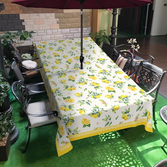 Lemon Outdoor Tablecloth with Umbrella Hole 60" x 84" Waterproof Zipper Table Cloth for Patio Table - Ideal Tablecloths for Picnics, Camping, and Yard Use