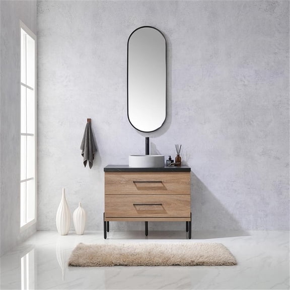 Trento 36" Single Concrete Sink Bath Vanity in North American Oak with Mirror