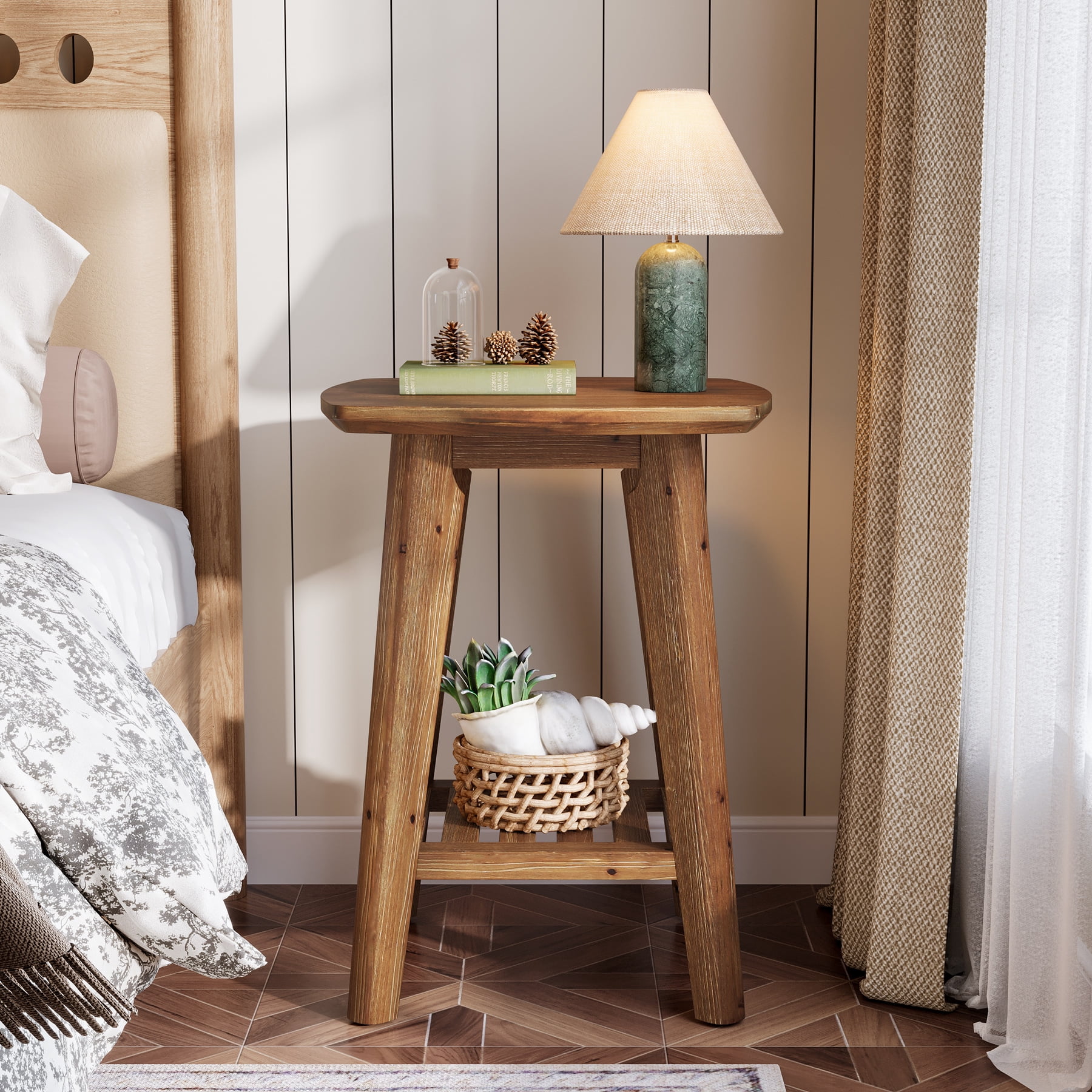 19.7" Solid Wood Square Side Table with 2-Tier Storage Shelf, Small Space End Table for Living Room, Bedroom & Sofa Side, Space-Saving Accent Table