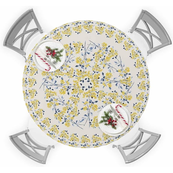 Blue Yellow Floral Round Tablecloth for 45"-54" Tables, Waterproof Outdoor Table Cloths 54 Inch Round Fitted Tablecloth with Elastic, Boho Flower Farmhouse Watercolor Fruits Table Cloth Cover