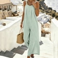 thumbnail image 4 of YYV Overalls for Women Cotton Linen Jumpsuit Casual Round Neck Striped Sleeveless Romper with Pockets for Summer Spring Mint Green XL, 4 of 6