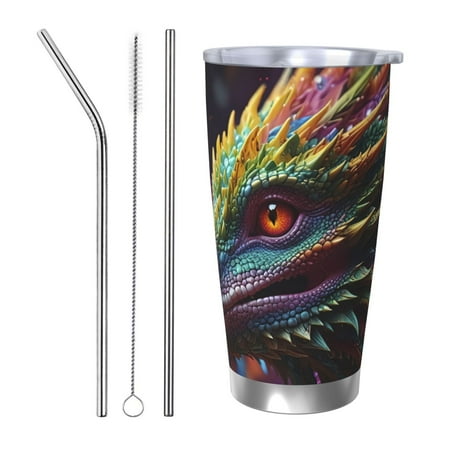 

Uemuo Colorful Dragon Head Profile Print Travel Coffee Mug 20oz Double-walled Car Cup Stainless Steel Insulated Tumbler Leak-proof Travel Cup Reusable Straw Car Cup-Straw Three-piece Set