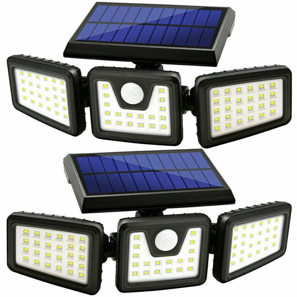 2PACK Solar Wall Lamp, 3 Head Motion Sensor Lights Adjustable 74 LED Flood Lights Outdoor Spotlights 360° Rotatable IP65 Waterproof for Porch Garden Patio Yard Garage Pathway