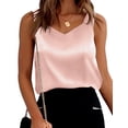 thumbnail image 1 of Camisetas sin mangas Plilima con cuello en V y satén de seda para mujer, color rosa, 1 of 6