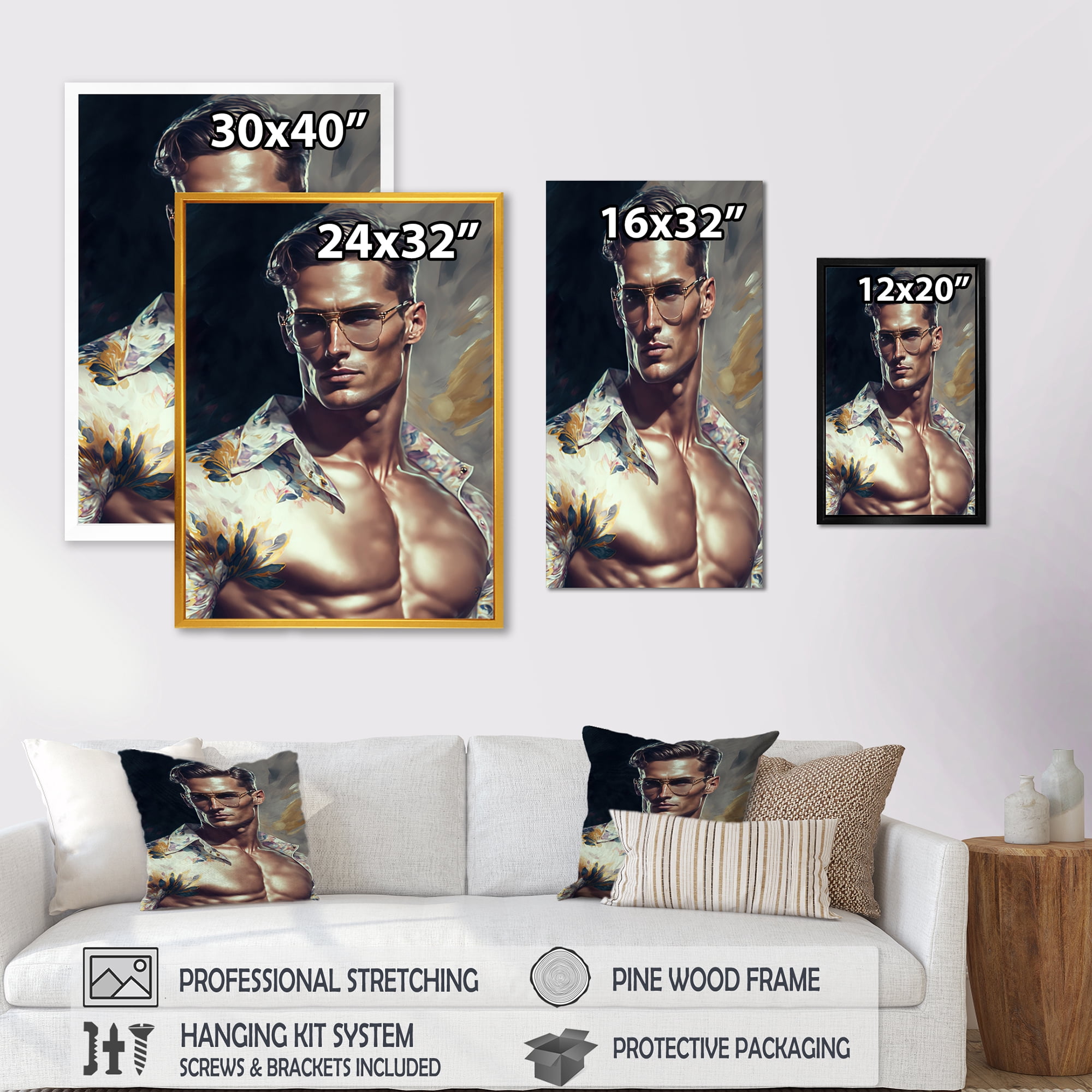 Designart Fashion Muscular Man With Sun Glasses VII Canvas Wall Art