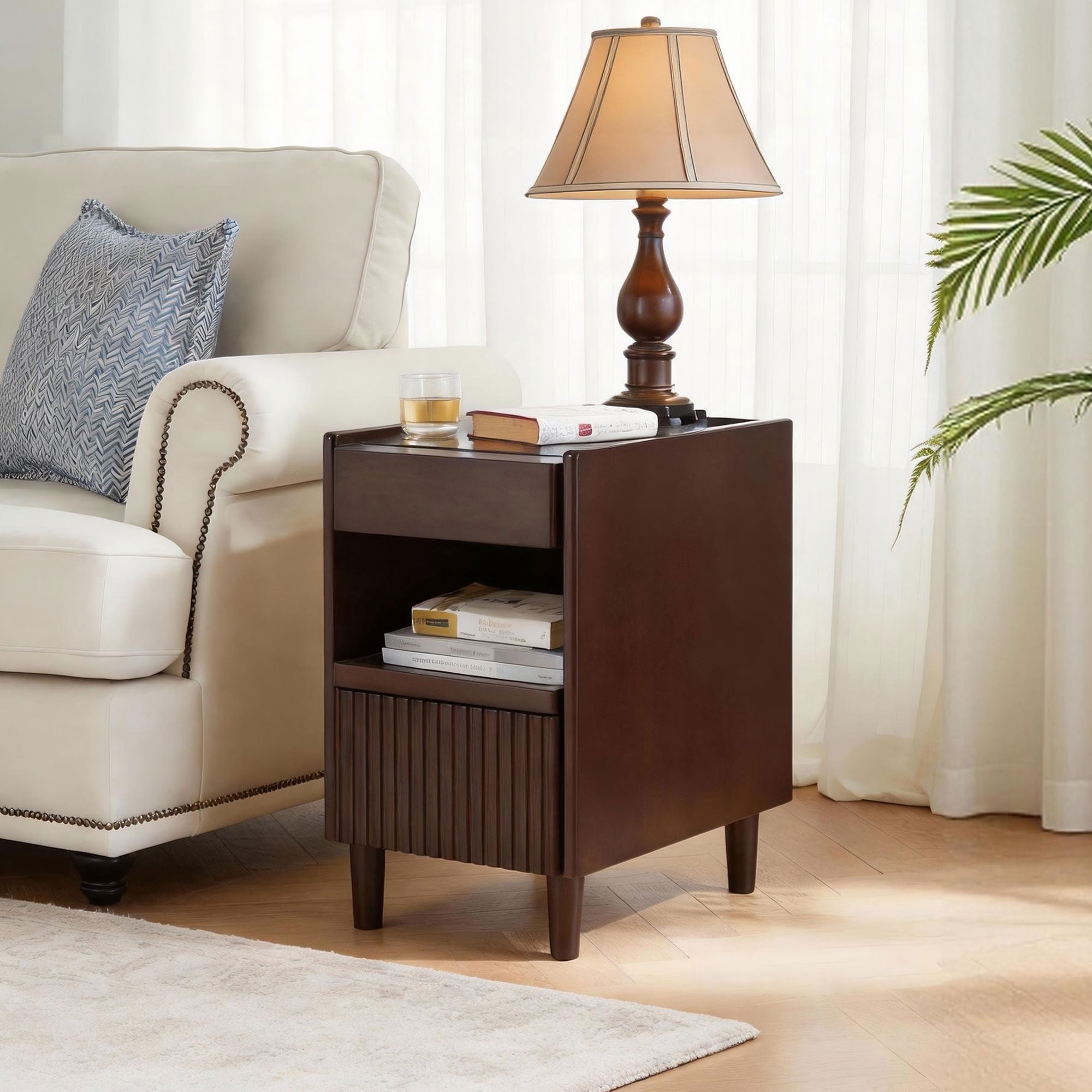 MAYEERTY Narrow Solid Wood Nightstand with Drawer & Open Shelf, Fluted Front Bedside Table with Glass Top, for Bedroom Living Room Small Apartment Dorm