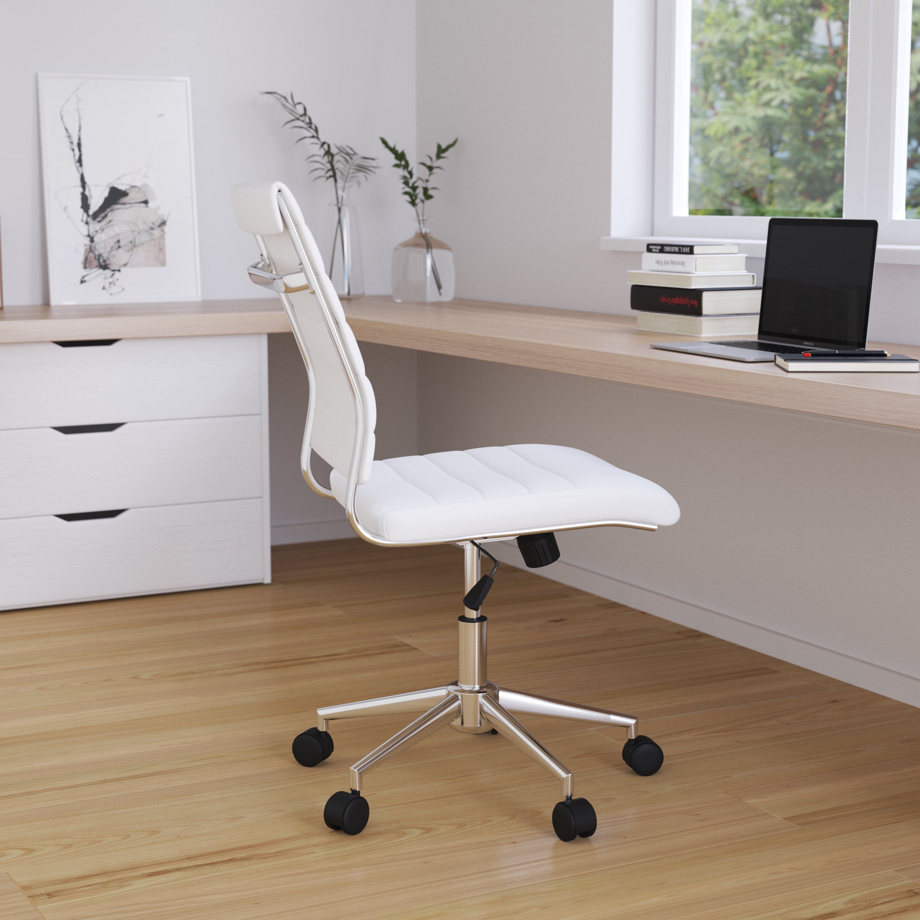 Merrick Lane White Ergonomic Swivel Office Chair Ribbed Faux Leather Back and Seat MidBack