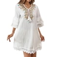 thumbnail image 3 of Livrdious Women's and Women's Plus Boho Embroidered Summer Dress Loose Fit 3/4 Ruffle Sleeve Casual Knee Length Vacation Dress, 3 of 9
