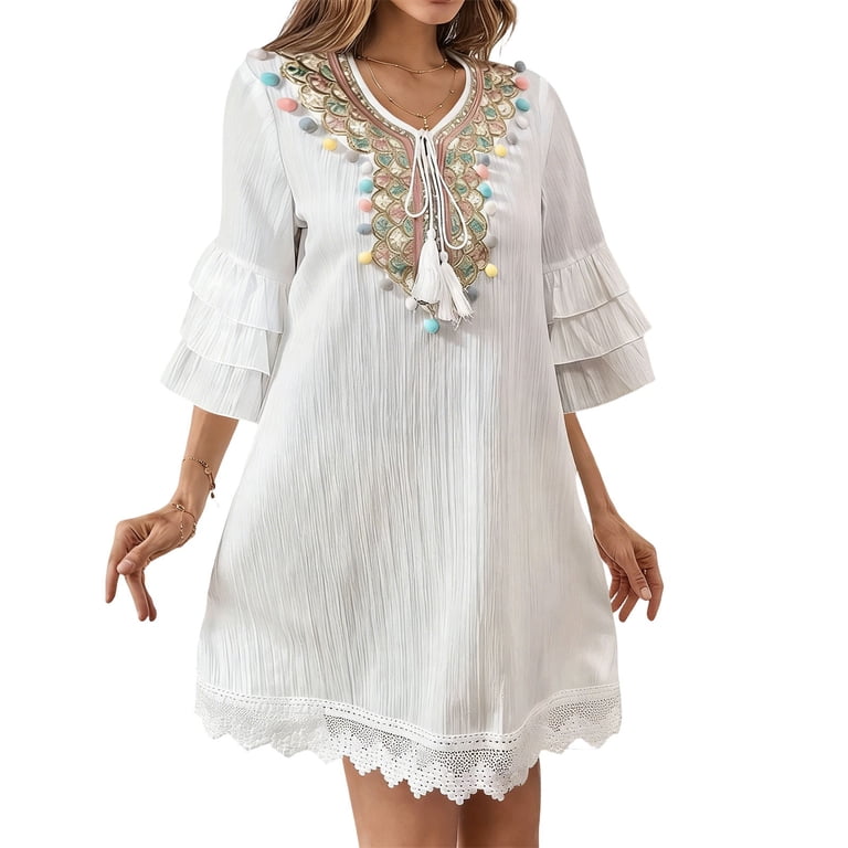 pom pom boho dress Jewelreauty Bikini Cover Up Womens Layered Ruffle Sleeve Tassels Lace Trim Summer Beach Vacation Short Dress (2xl, White), Women's short sleeve chic linen dress Navy and White Dress Size:50