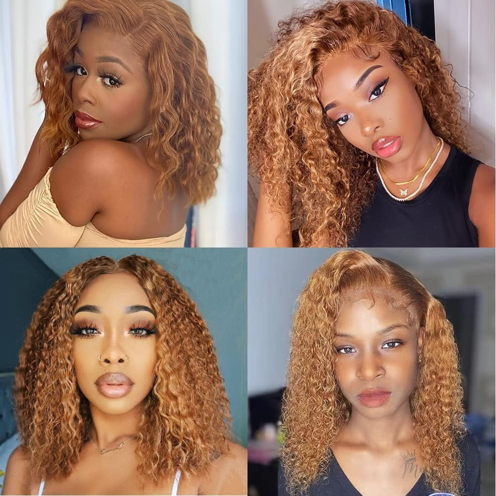 SUCS Short Curly Honey Blonde Bob Wig Lace Front Human Hair Wigs For Women Light Brown
