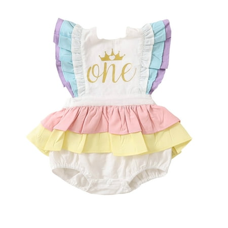 

Emmababy Baby Girl Birthday Cotton Romper Ruffled Lace Sleeveless Golden Letter Crown Print Jumpsuit Open Back Bow Fluffy Skirt