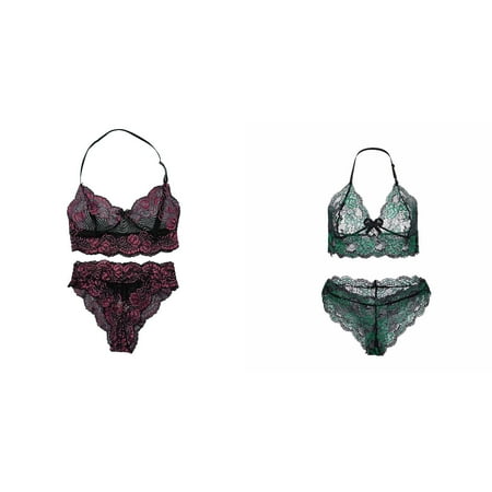 Lojoutye 2 Pack(Hot Pink 1PCS & Green 1PCS) Womens Sleep Wear Multipack Women Sheer Floral Lace Pajamas Set High Waist Sleepwear Bra and Panty 2 Piece Nightwear Xxl
