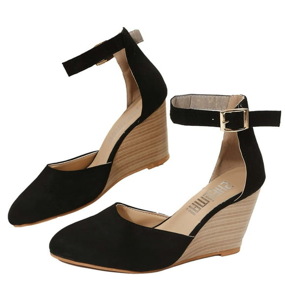 Deals Women's Ankle Strap Wedge Heel Sandals Summer Shoes Buckle Closed Toe Platform Wedge Heels Dressy Comfortable Suede Wedges High Heel Shoes Black 42
