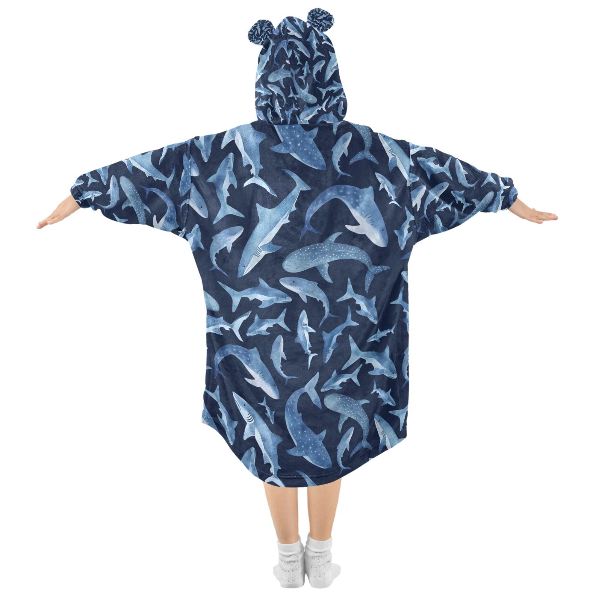 FORMRS Wearable Blanket Hoodie with Sleeves for Kids Cozy Flannel Sweatshirt, Watercolor Shark Pattern