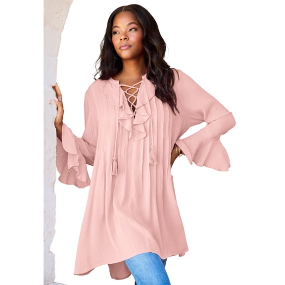 Roaman's Women's Plus Size Hand Crinkled Ruffle Pintuck Tunic