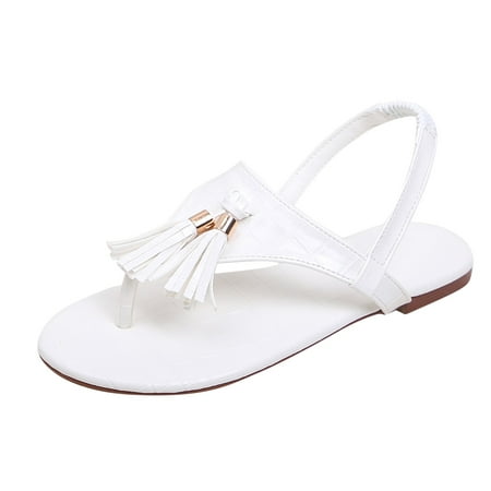 

Follure Girl women s casual shoes Summer Women Elastic Band Open Toe Flat Tassel Breathable Sandals Beach Shoes White 40