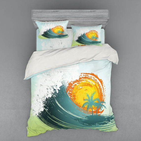 Ambesonne Tropical Bedding Set 4 Pcs, Coconut Palm Trees, Queen, Green Petrol Blue