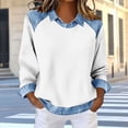 thumbnail image 2 of LangJing Waffle Denim Patchwork Long Sleeve Shirts for Women 2026 Dressy Casual Color Block Spring Tops Loose Collar Work Blouses White,XL, 2 of 6