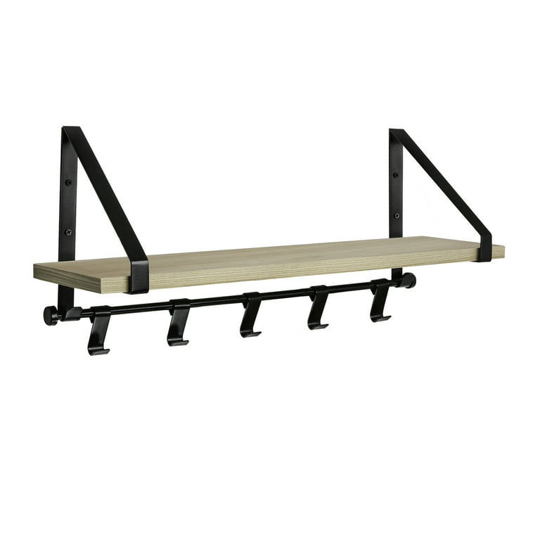 Better Homes & Gardens 23 Lightwood and Black Finish Shelf with Brackets and Hooks