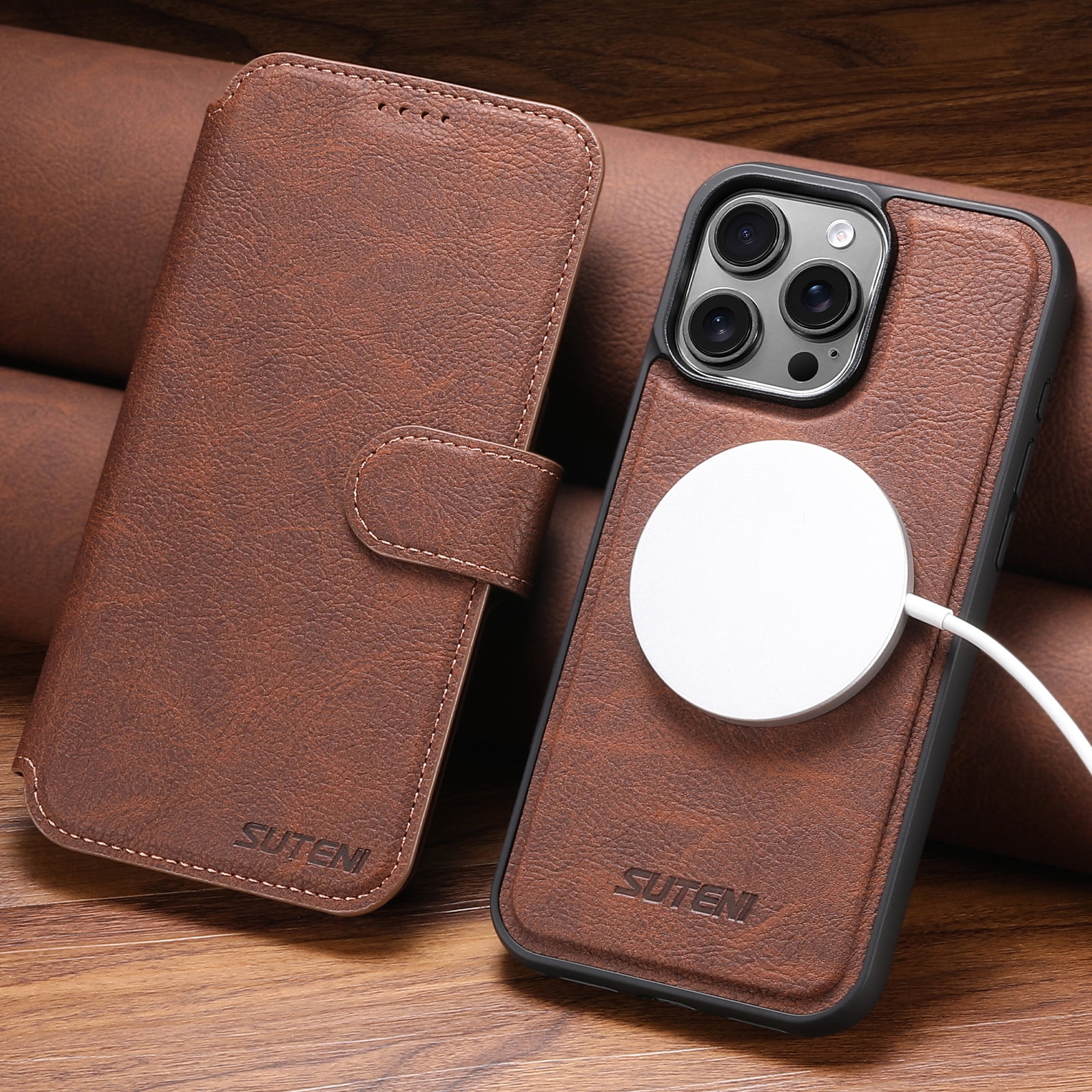 For iPhone 15 Pro Max Wallet Phone Case,Magnetic Detachable PU Leather Flip Design,Compatible with Mag-Safe,With Card Slots,Kickstand,Magnetic Closure Shockproof Anti-Fall Rugged Phone Case,Brown