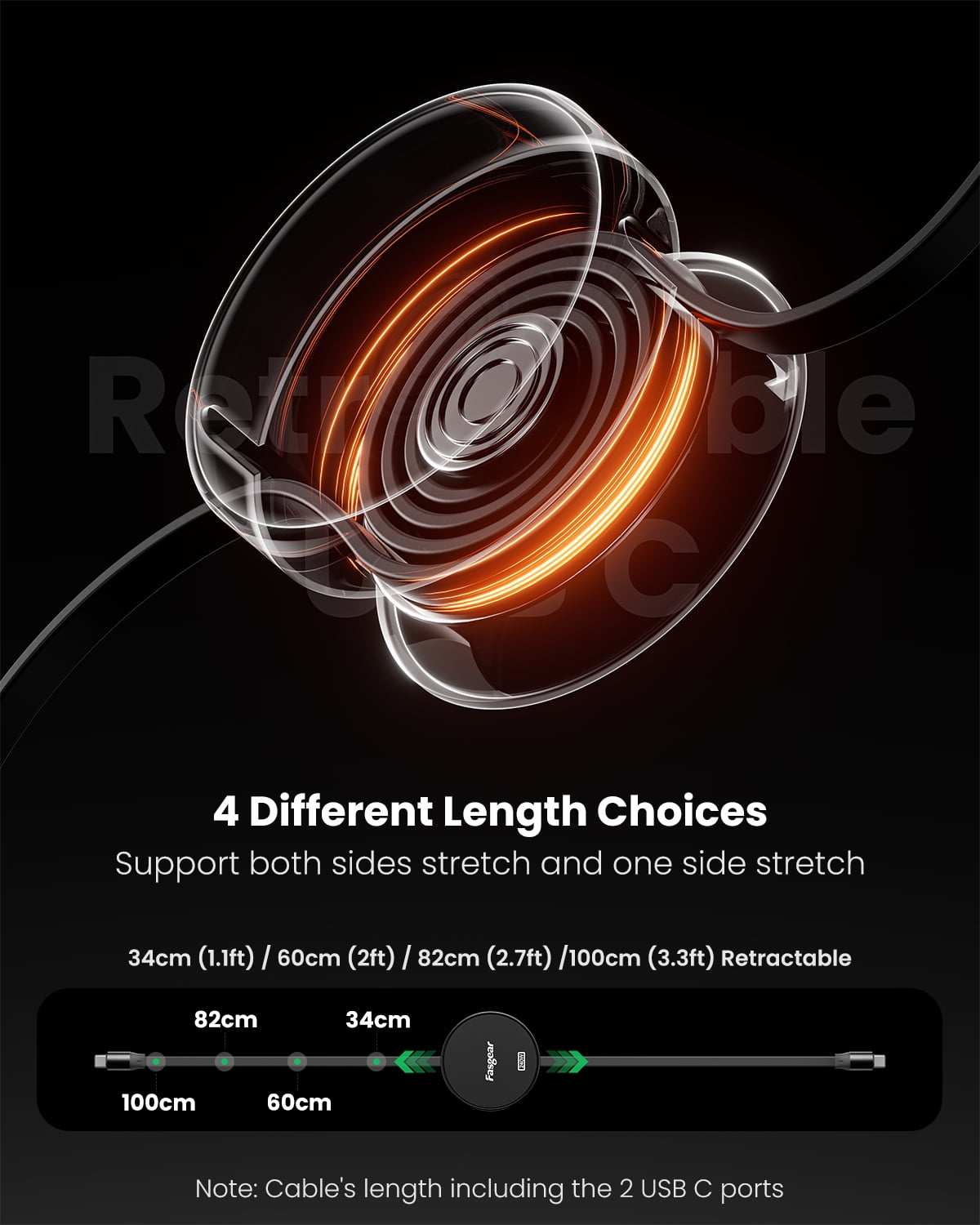 Fasgear 240W USB C to USB C Cable 3.3ft Retractable 5A Fast Charging Type C Cord for 100W USB C Charger [4-Stretch Length] Compatible with i-Phone 15 Sam-sung Galaxy Z Flip5 S23 Mac-book Pro (Black)