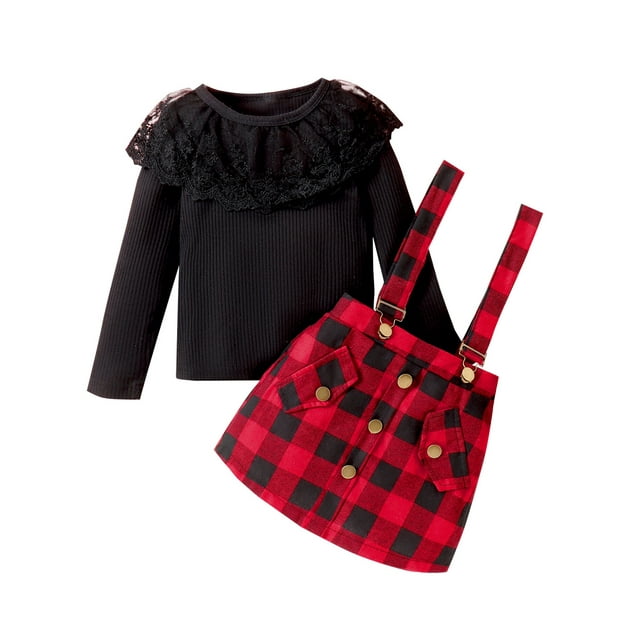 ZAXARRA Little Kids Girls Fall 2 Piece Outfits Black Long Sleeve Ribbed Tops Plaid Suspender Skirt Set