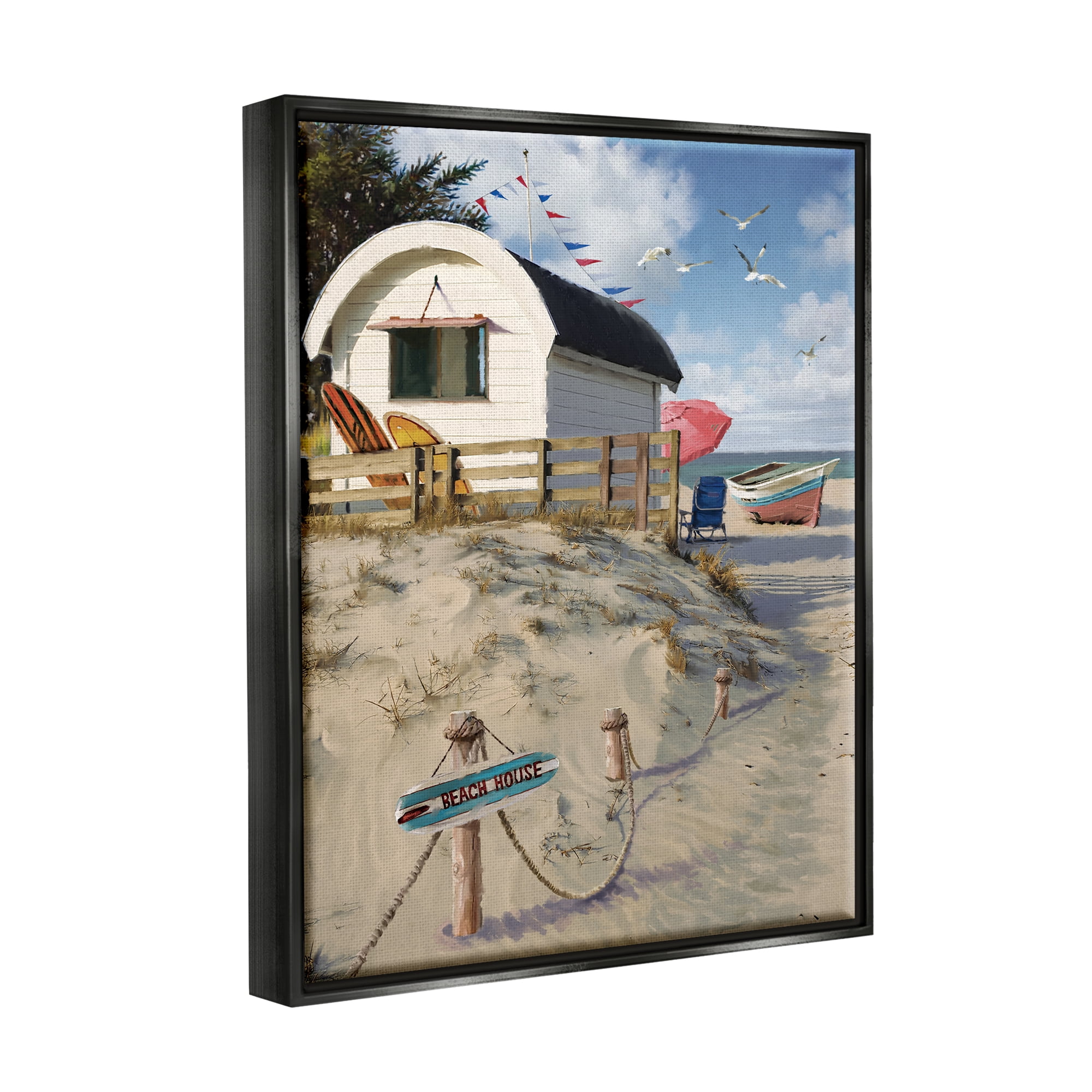 Stupell Industries Beach House Landscape Landscape Painting Black Floater Framed Canvas Art Print Wall Art, 25 x 31