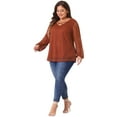 thumbnail image 3 of DARING DIVA Women's Plus Lace Sheer Long Sleeves Cross V Neck Blouse 1X Brick Red, 3 of 6