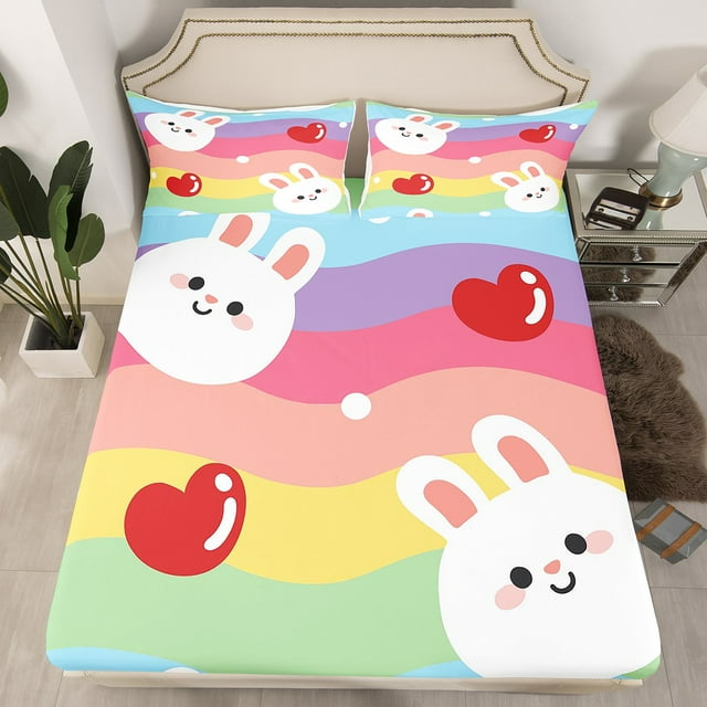 YST Drap-Housse Mignon Rabbit Arc-en-Ciel Draps de Lit pour Filles Lapins Mignons Ensembles de Literie Simple Housse de Lit Rayée Colorée Draps Cœurs Rouges, Décor Animaux de Dessin Animé Chambre d'Enfants Décor 2 Pcs Doux