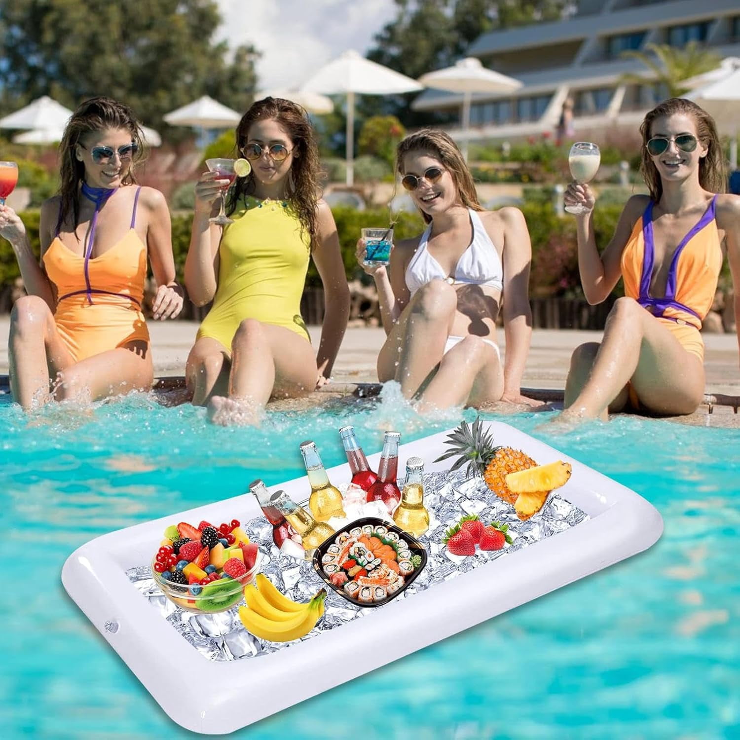 2 Pack Inflatable Ice Serving Bar Pool Party Buffet Drink Cooler Floating Ice Tray Food Drink Containers for Summer Parties with Inflatorce