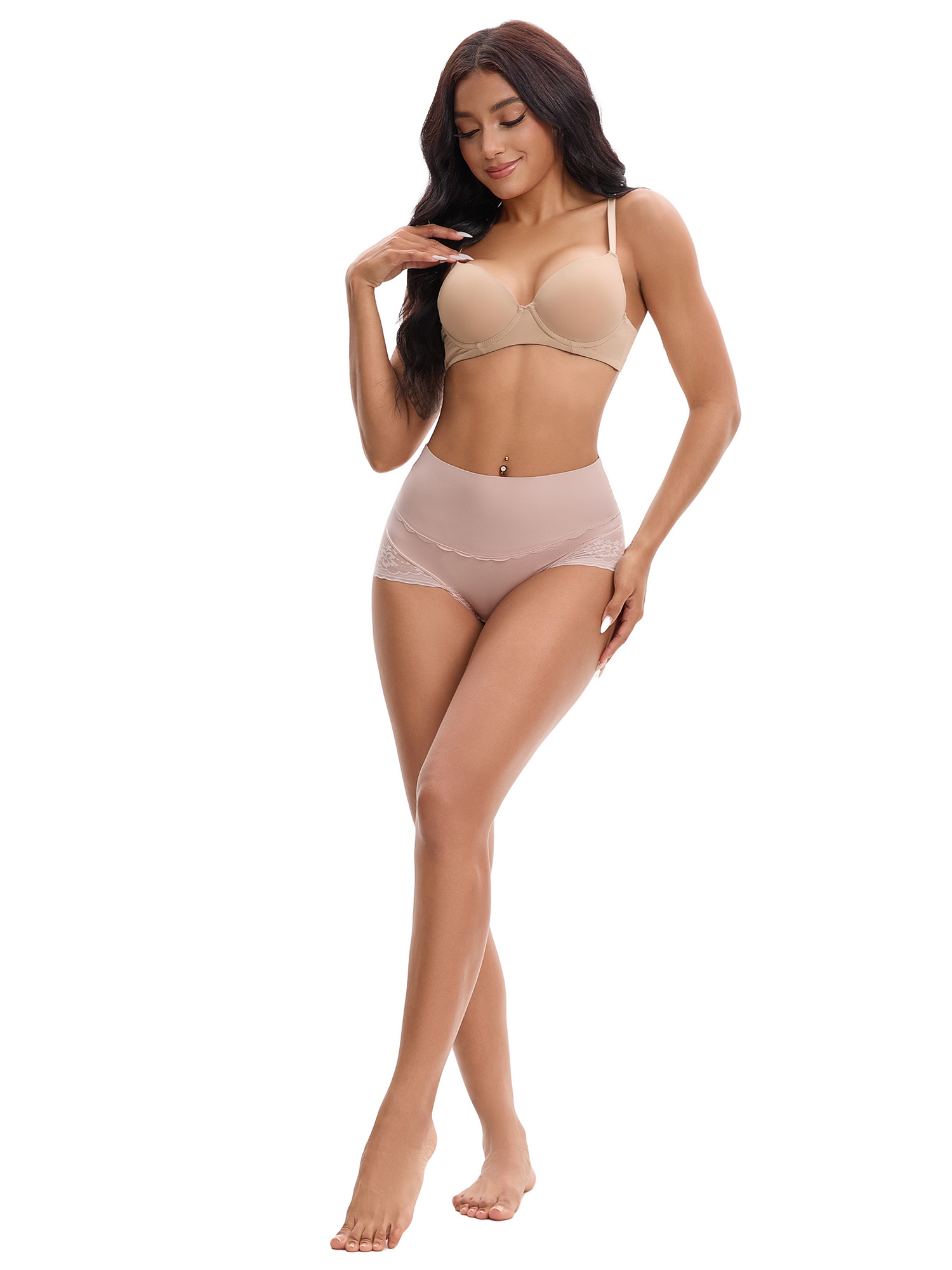 Unique Bargains High Waisted Lace Trimmed Underwear L Beige