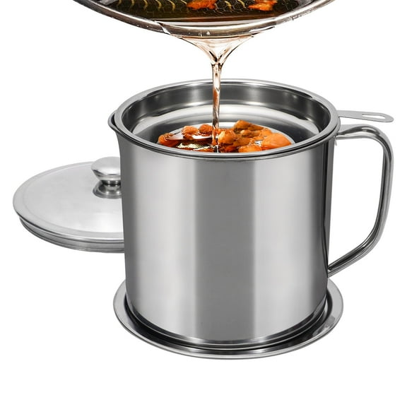 Stainless Steel Handled Bacon Grease Saver with Strainer, Lid & Non-Slip Tray, 1.3 L/44 Oz Kitchen Grease Container Strainer, Fine Mesh Cooking Oil Filter Storage, Grease Keeper Can Pot