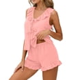 thumbnail image 4 of Yuanlook Women's 2 Piece Ruffle Outfit Set Pajamas, Sleeveless V Neck Tie Front Blouse and Ruffle Hem Casual Shorts Size S-XXL, 4 of 8
