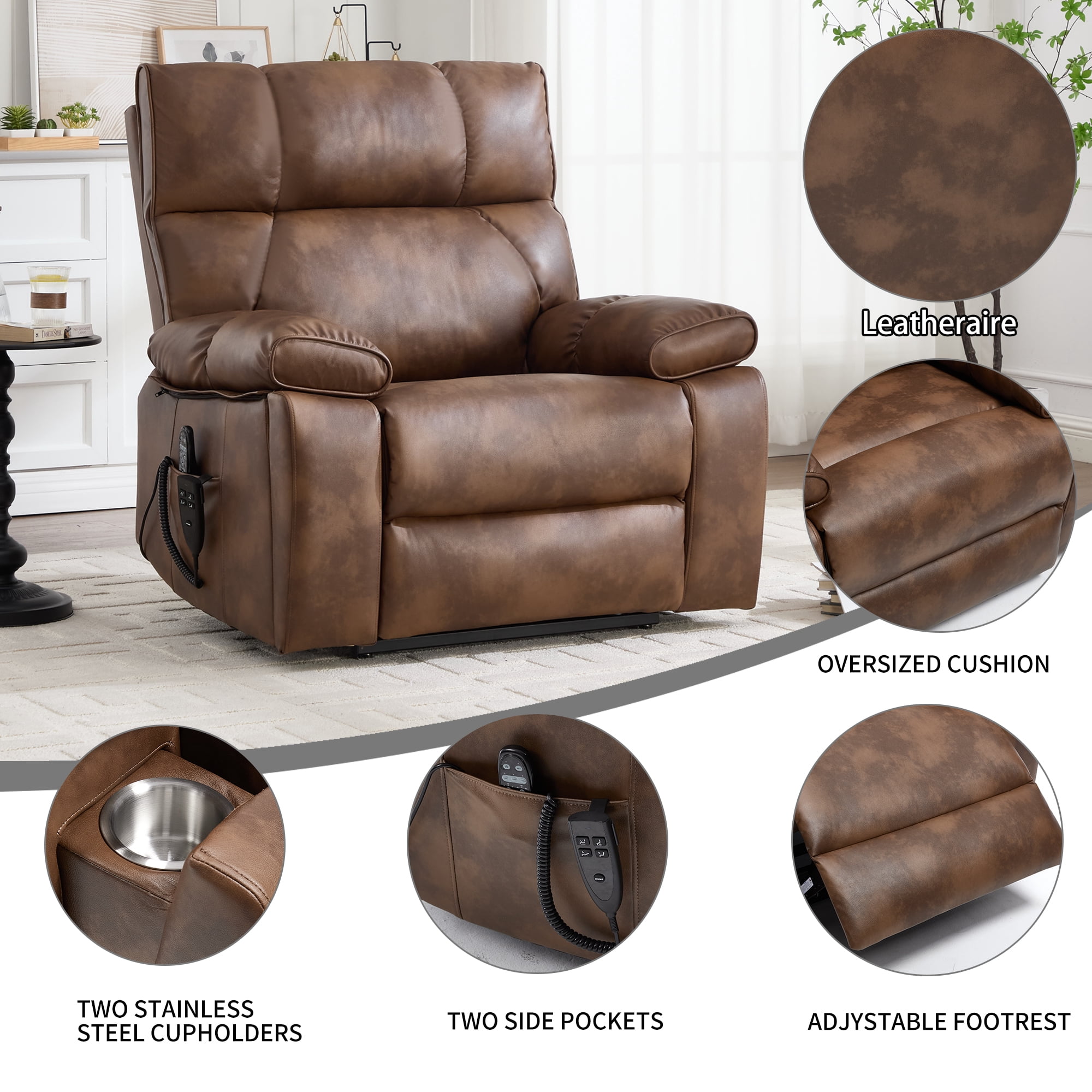 Alvantor Large Power Lift Recliner Chair for Elderly UP Leather Electric Recliners Chair with Massage and Heat for Living Room Brown