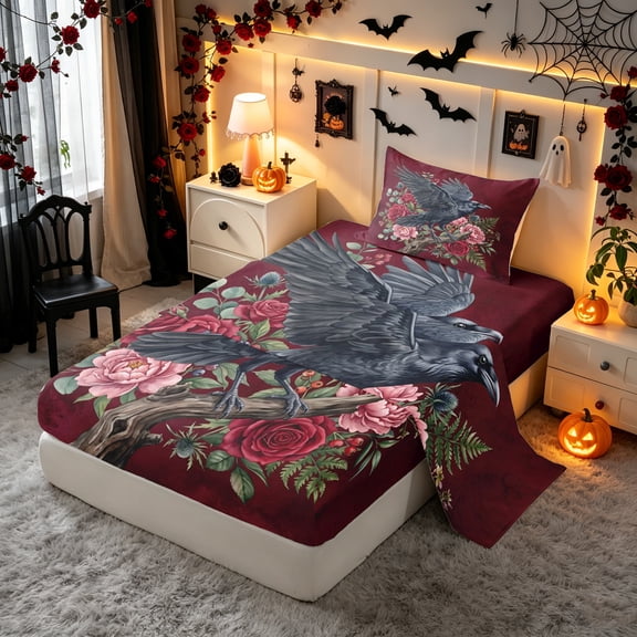 Erosebridal Halloween Raven Twin Sheets, Rose Romantic Gothic Bedding, Burgundy Brown, Black Reversible, 3 Pieces, 1 Flat Sheet, 1 Fitted Sheet and 1 Pillowcase
