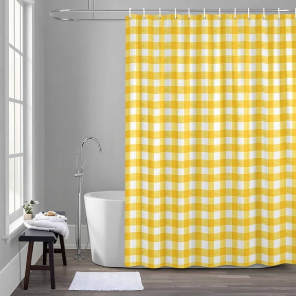 Yellow Checkered 72x72 Inches Waterproof Shower Curtain, Farmhouse Classic Bath Curtain Set with 12 Hooks Washable Shower Curtains for Bathroom Bathtub Decor