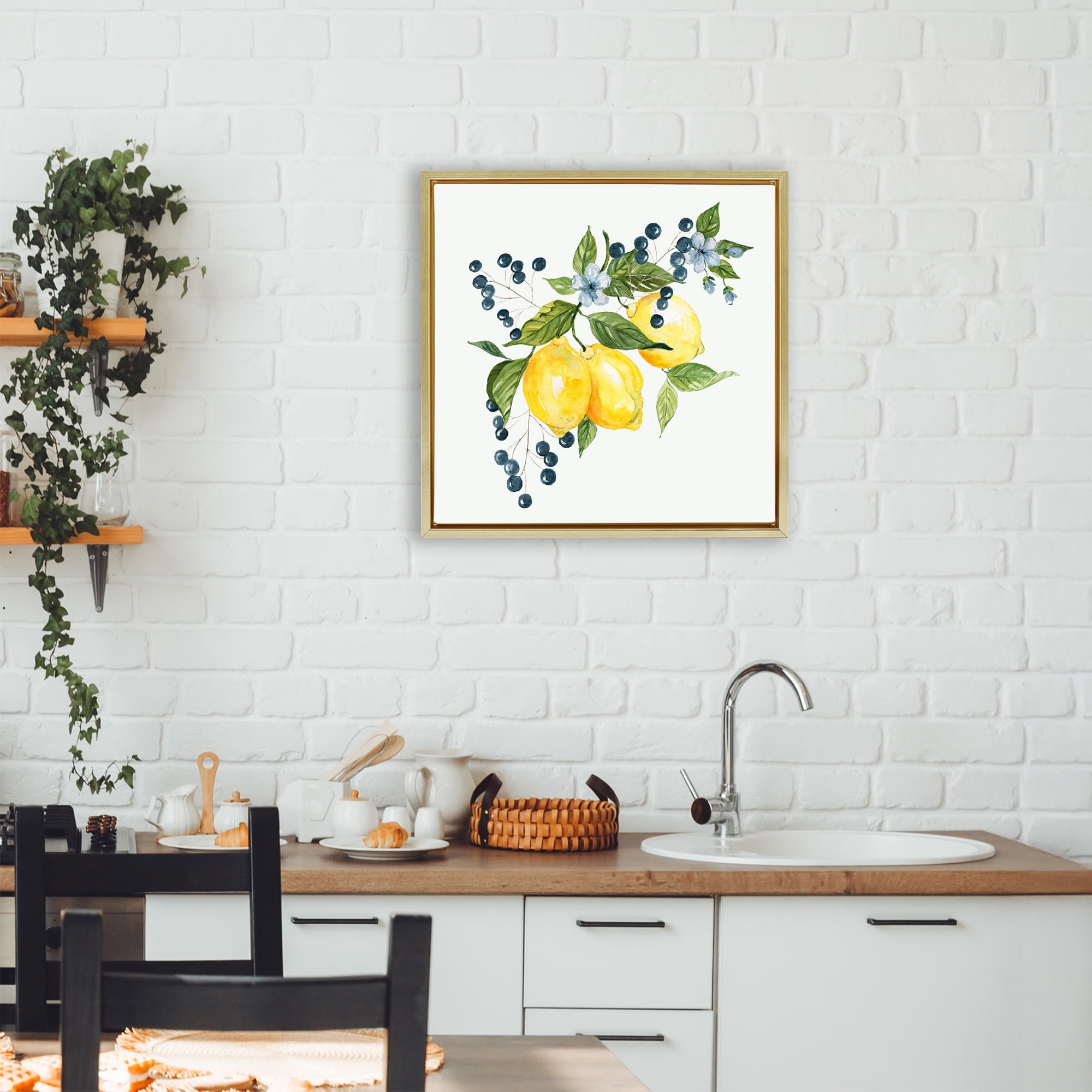 Stupell Industries Lemon Branch with Berries Gold Framed Floater Canvas Wall Art, design by Livi Finn
