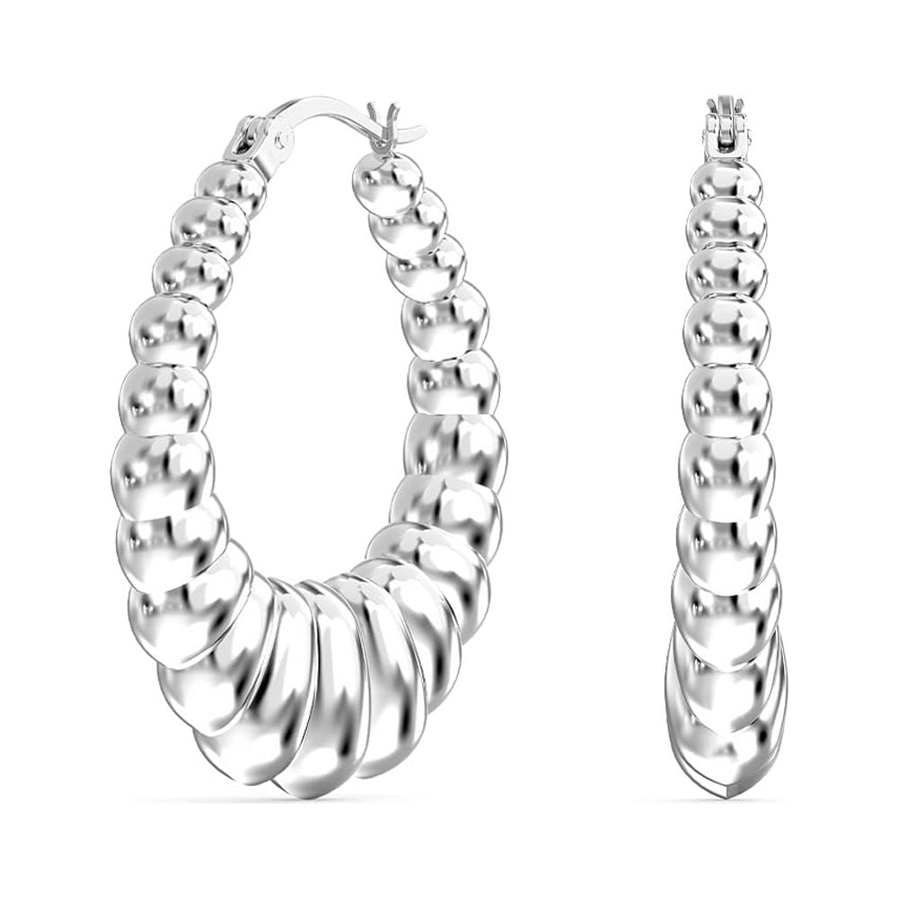 LeCalla Sterling Silver Anti-Tarnish Shrimp Hoop Earrings for Women and Teen, 35MM