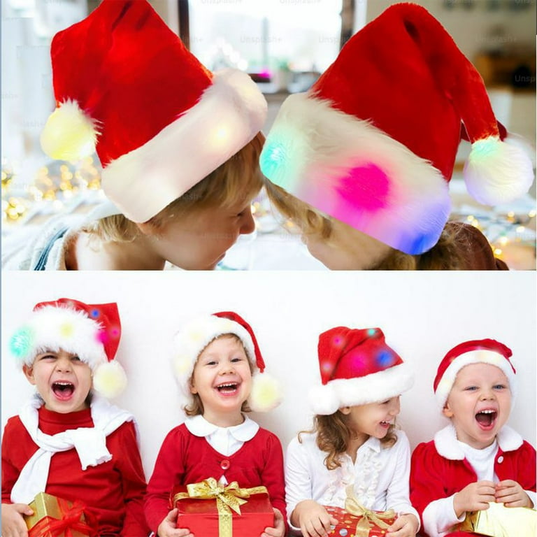 Dengmore Novelty Light Up Santa Hats Christmas Hat with 20 Color Changing LED Lights Funny Christmas Plush Santa Hats Christmas Party Costume Battery