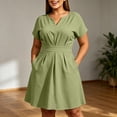 thumbnail image 2 of VBVC Women's Plus Notch V Neck High Waist Midi Dress , Business Short Sleeve Work Dress For Women , Ladies' Pleated A Line Office Dress with Pockets,Green,L-5XL, 2 of 8