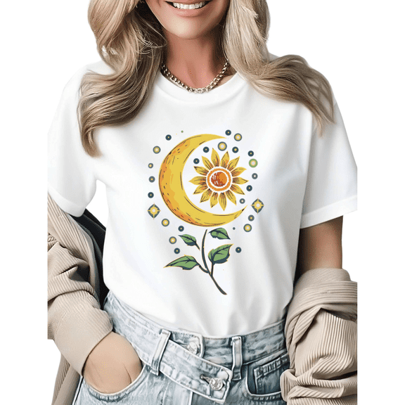 Celestial Sunflower Moon Graphic Tees Womans T-shirt Black/White S-5XL Shirts Boho Floral Tops