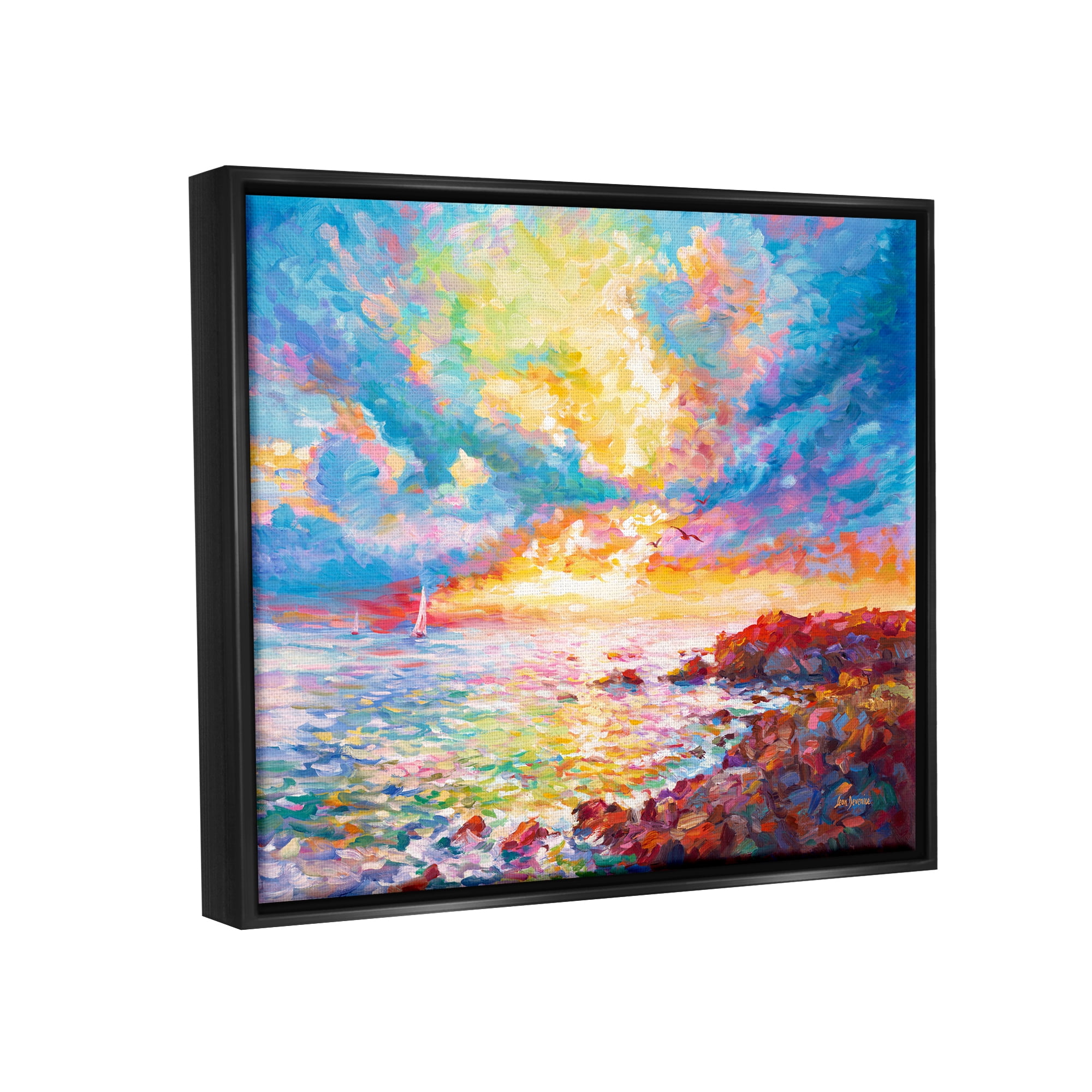 Stupell Industries Mediterranean Sunset Ocean Coast Landscape Painting Black Floater Framed Canvas Art Print Wall Art, 21 x 17