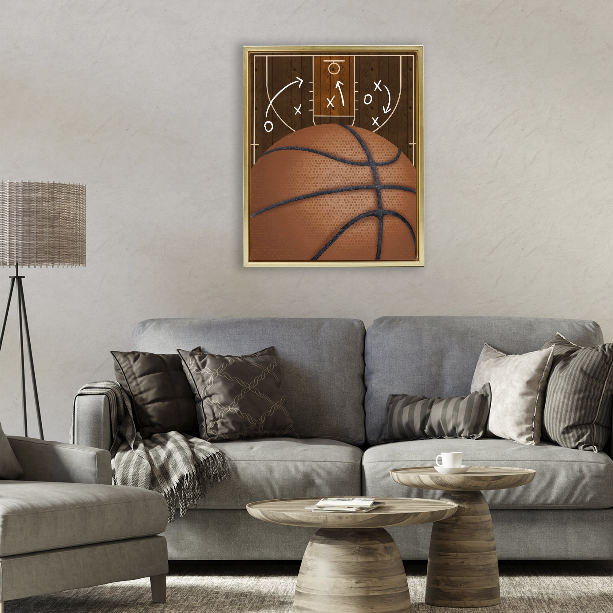 Stupell Industries Basketball Court Tactics Gold Framed Floater Canvas Wall Art, design by Jennifer Stith