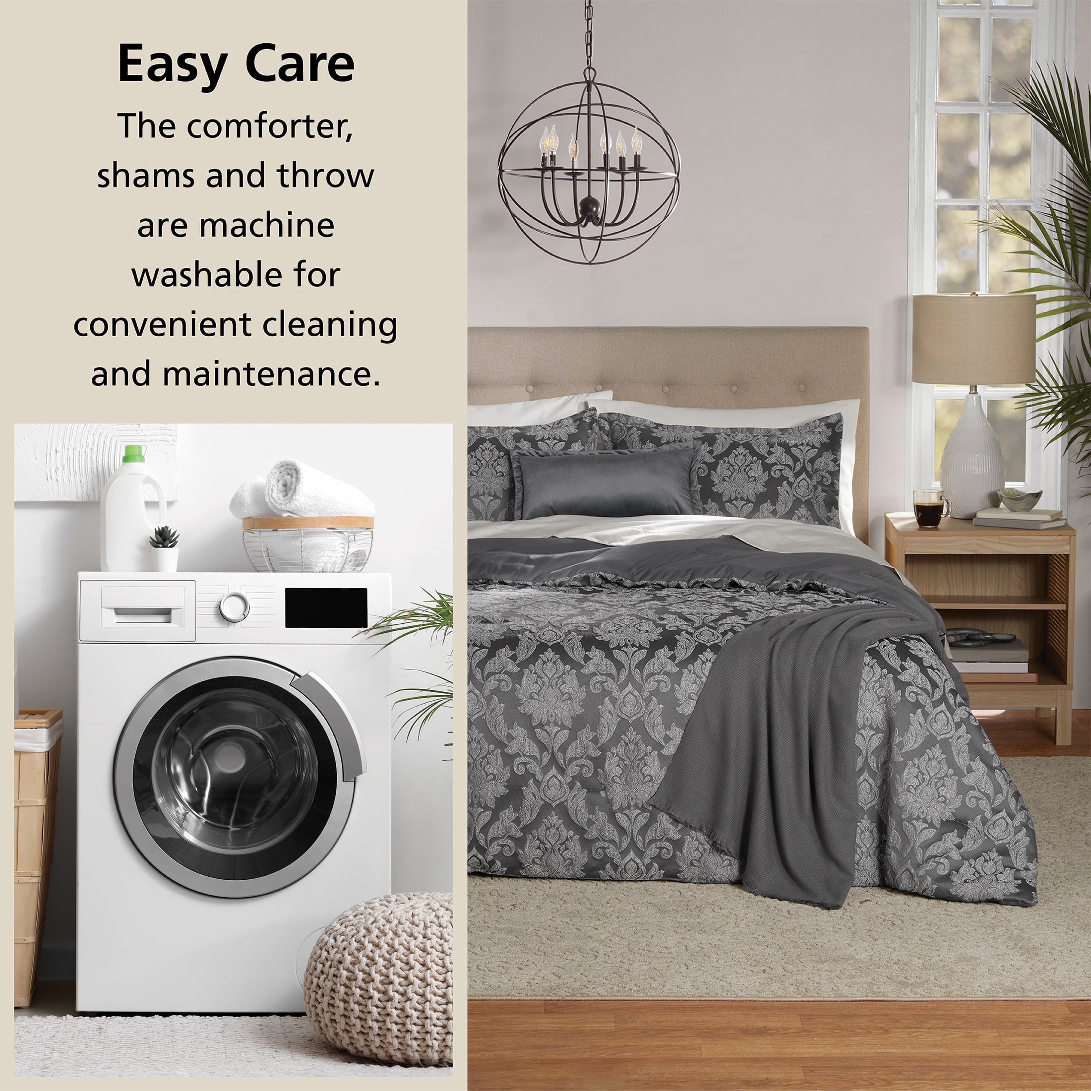 Mainstays Full/Queen Comforter Set, All-Season, 5-Piece, Grey Jacquard Damask