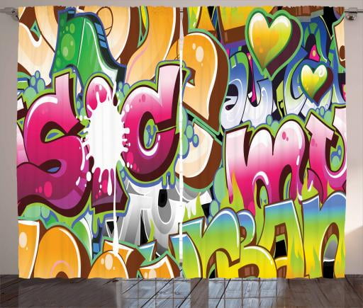 Urban Graffiti Curtains 2 Panels Set Throwie Style Wall Graffiti