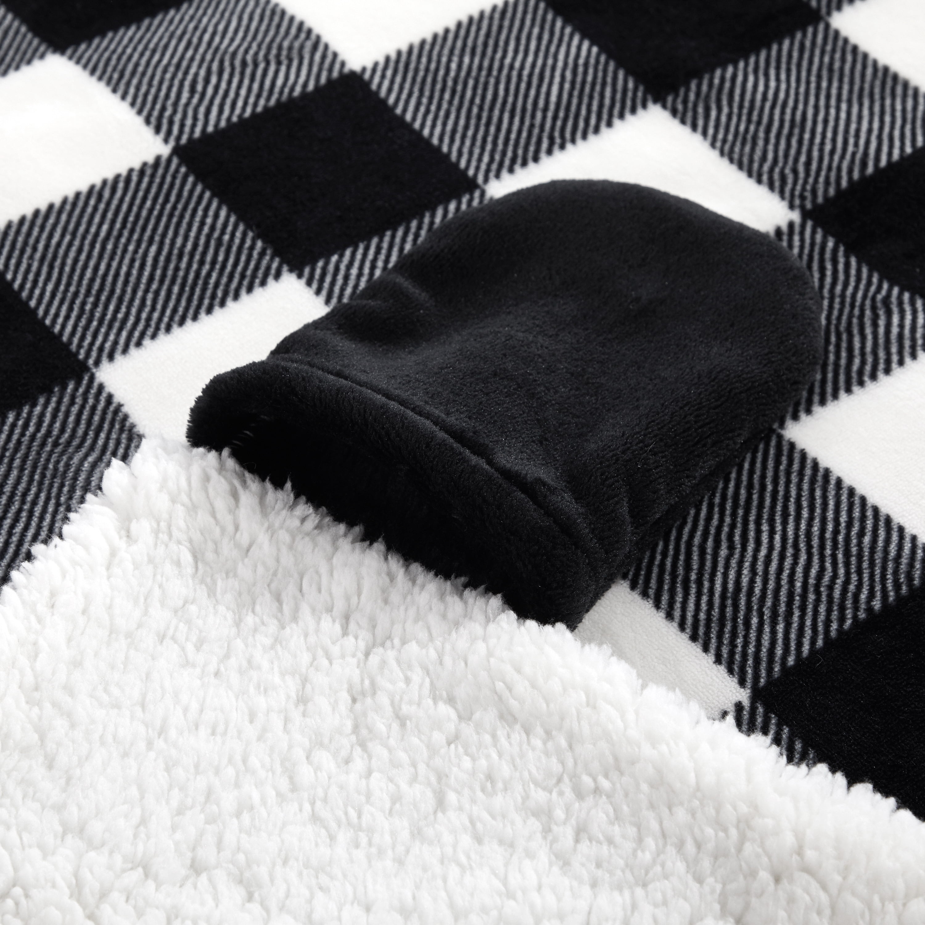 Dearfoams Farmhouse Plaid Buffalo Check Printed Royal Plush with Sherpa reverse Adult Hooded Throw, 50"x60"